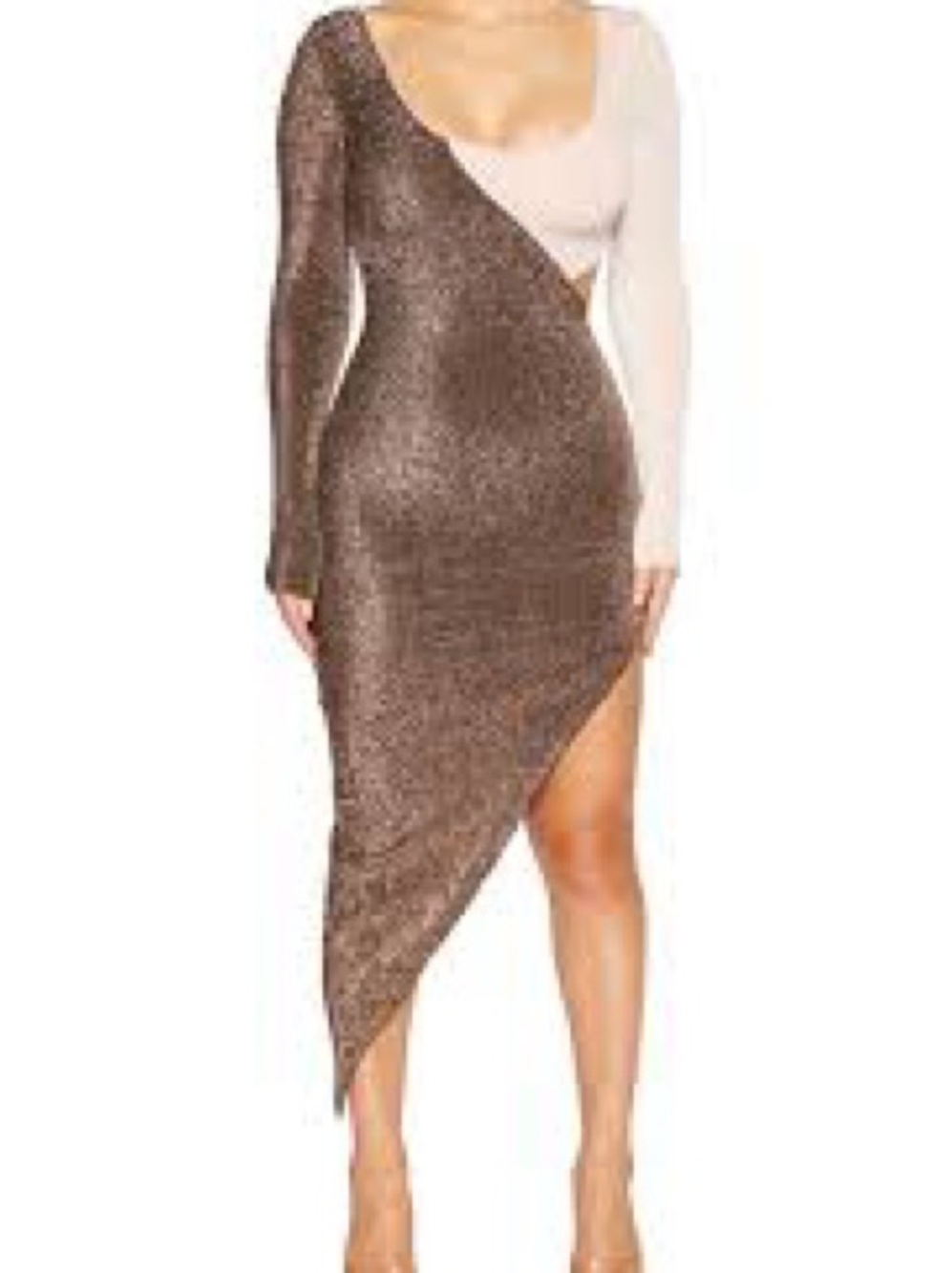 naked wardrobe‎ Two-Tone Asymmetric Metallic Midi Dress in Brown and Cream